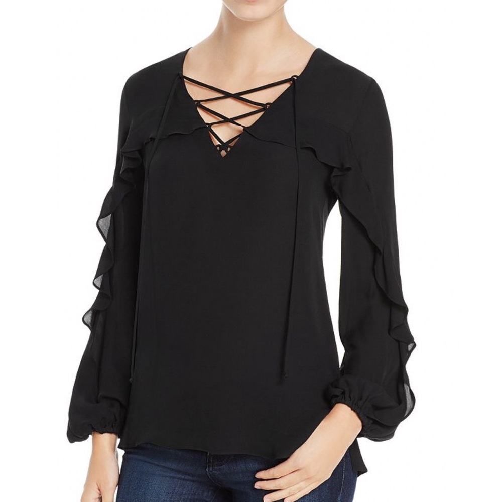 KOBI HALPERIN black Lace Up v-neck Ruffle Trim long sleeve Silk Blouse top